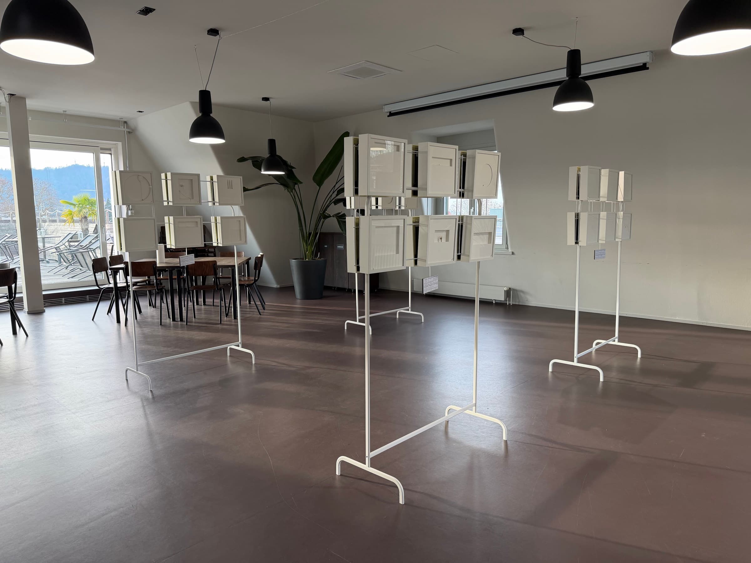 Exhibition displays in the daylight-flooded interior